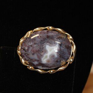 Vintage Agate Brooch With Gold-Tone Frame - Oval Stone Pin Jewelry Approx 1.75"L